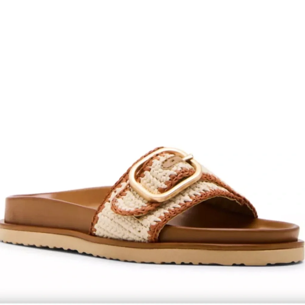 Steve Madden Tan Leather and Cream Woven Buckle Slide Sandals
